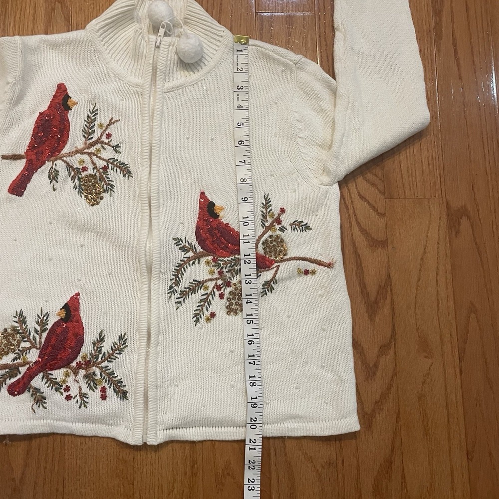 Tiara International Sweater Jacket Women M P  Ivory Cotton Knit‎ Sequin Full-Zip - Picture 9 of 11